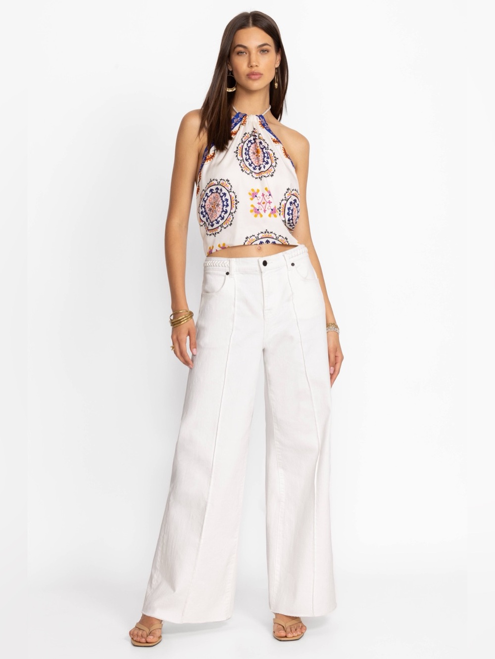 NWT Johnny Was Braided Trim Wide Leg White Denim Jeans Size 26